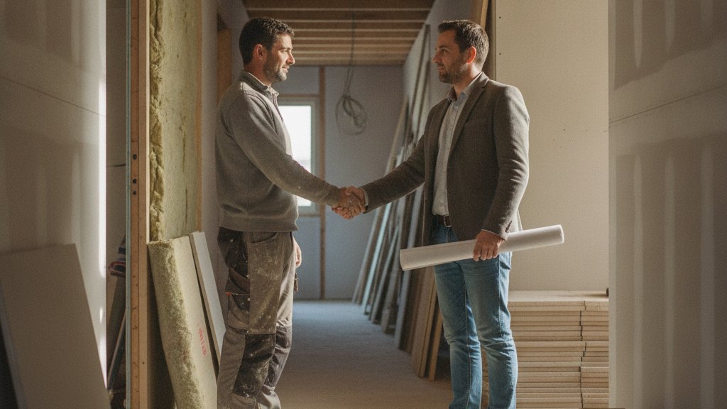 Poignée de main entre un artisan et un client dans un couloir en travaux