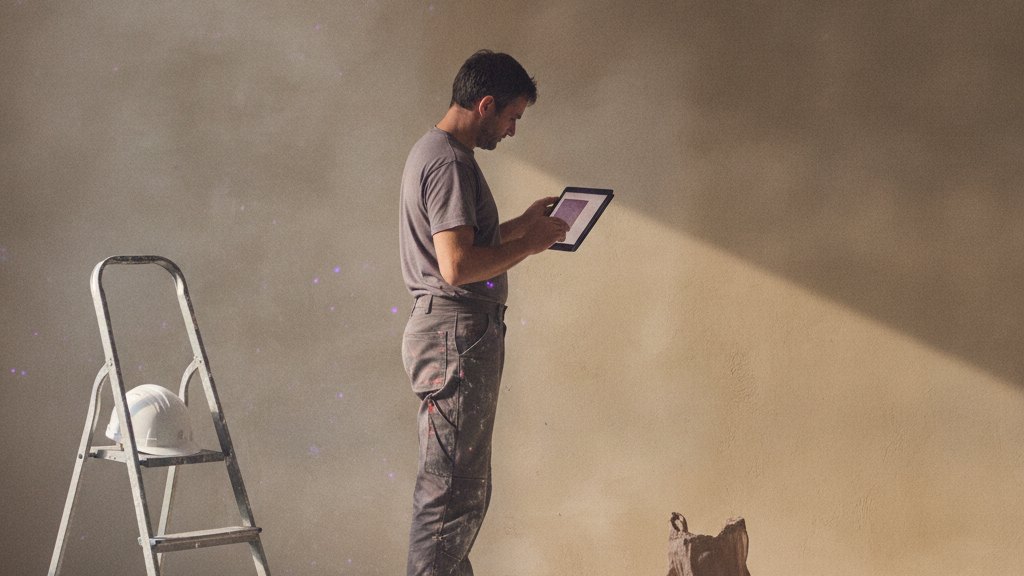 Un artisan consulte une tablette devant un mur de chantier fraîchement enduit