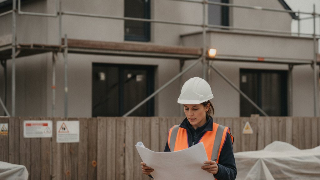 Une maître d'ouvrage lit un document devant une maison en fin de chantier