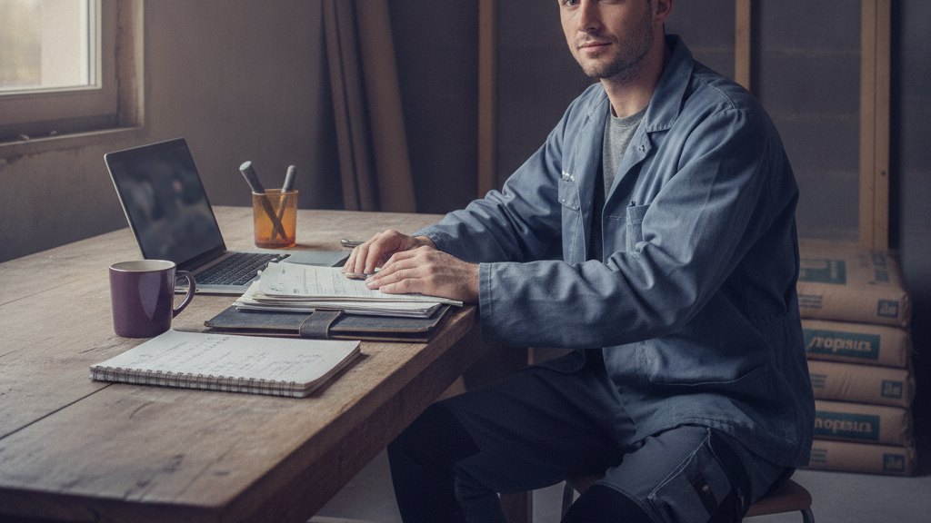 Un jeune artisan travaille sur ses papiers administratifs à sa table de cuisine