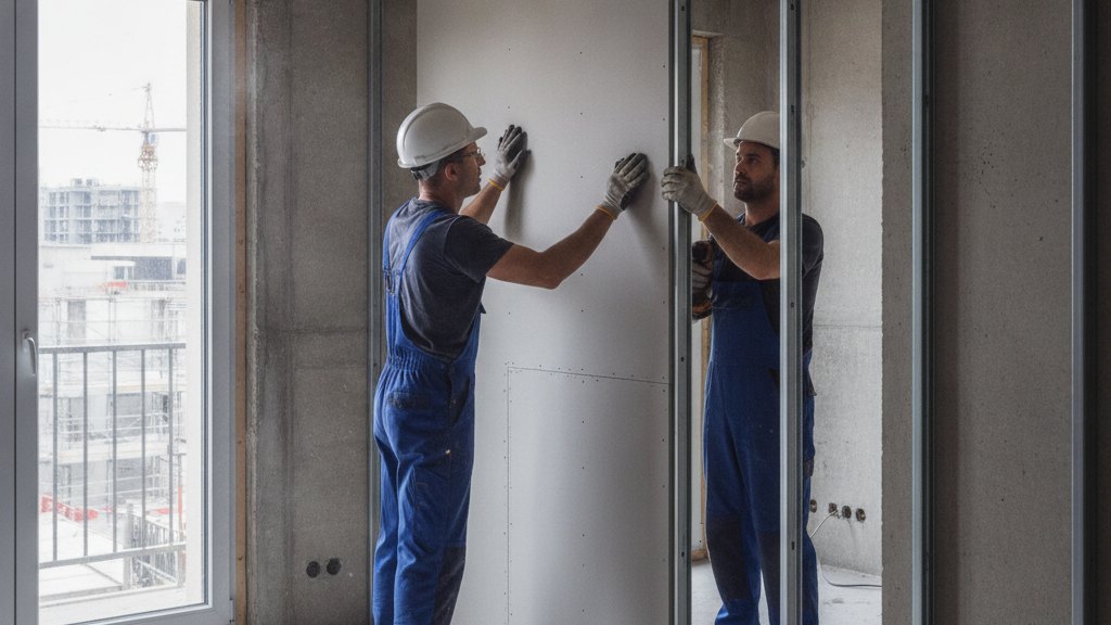 Deux ouvriers posent une cloison dans un logement en rénovation