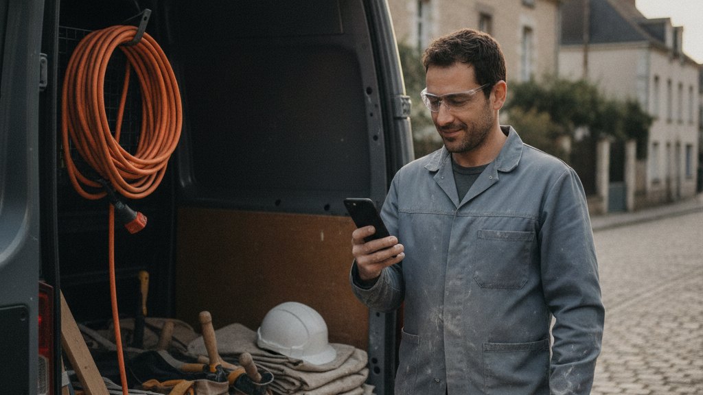 Un artisan consulte son téléphone devant sa camionnette utilitaire