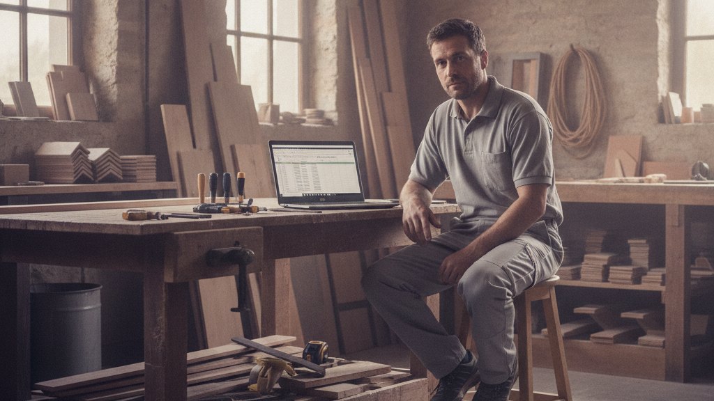 Un artisan prépare un devis sur un ordinateur portable posé sur son établi