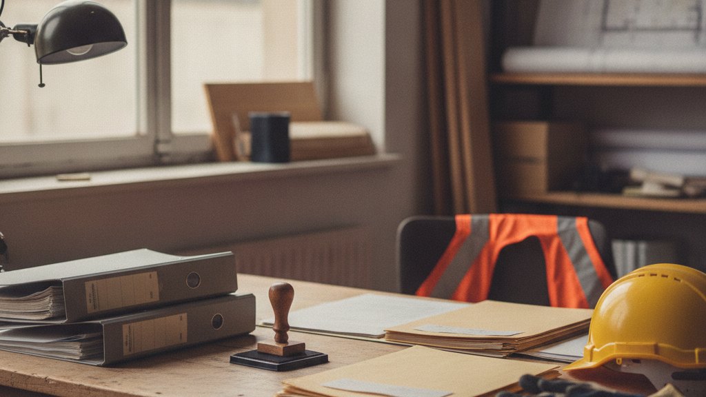 Bureau d'entreprise artisanale avec classeurs, dossiers et casque de chantier