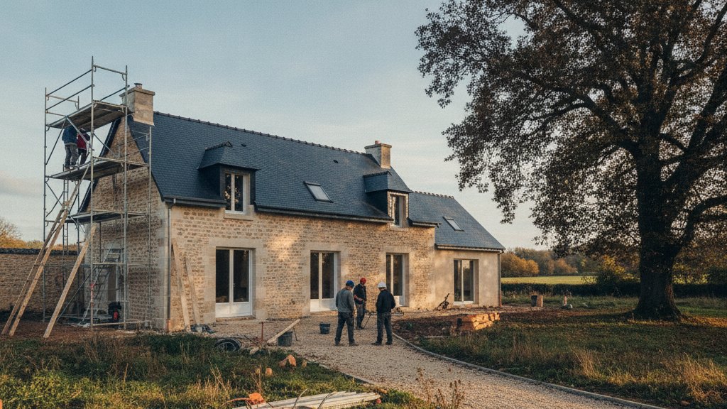 Maison individuelle achevée avec un échafaudage partiellement démonté