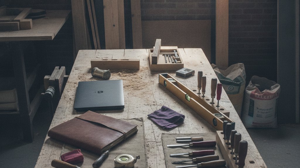 Établi d'artisan organisé avec ordinateur portable, carnet et outillage