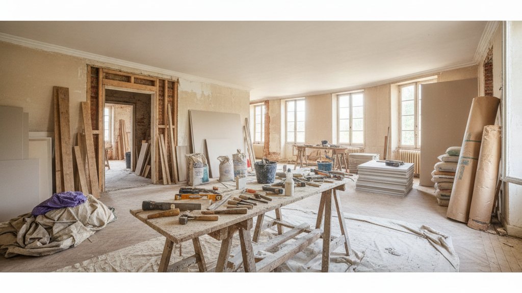 Chantier de rénovation intérieure en cours avec matériaux et outils posés