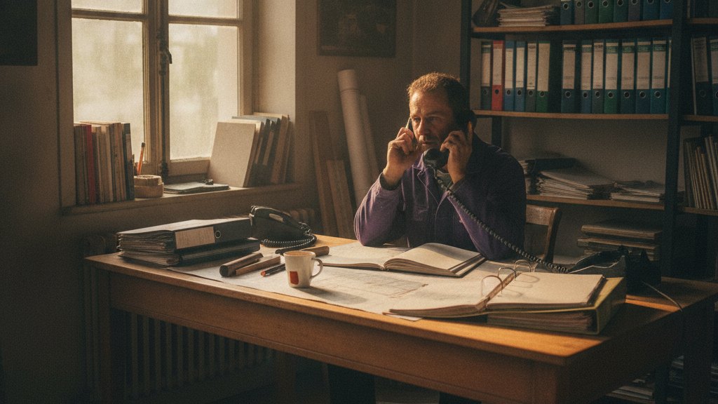 Un artisan relance un client au téléphone dans le bureau de son entreprise