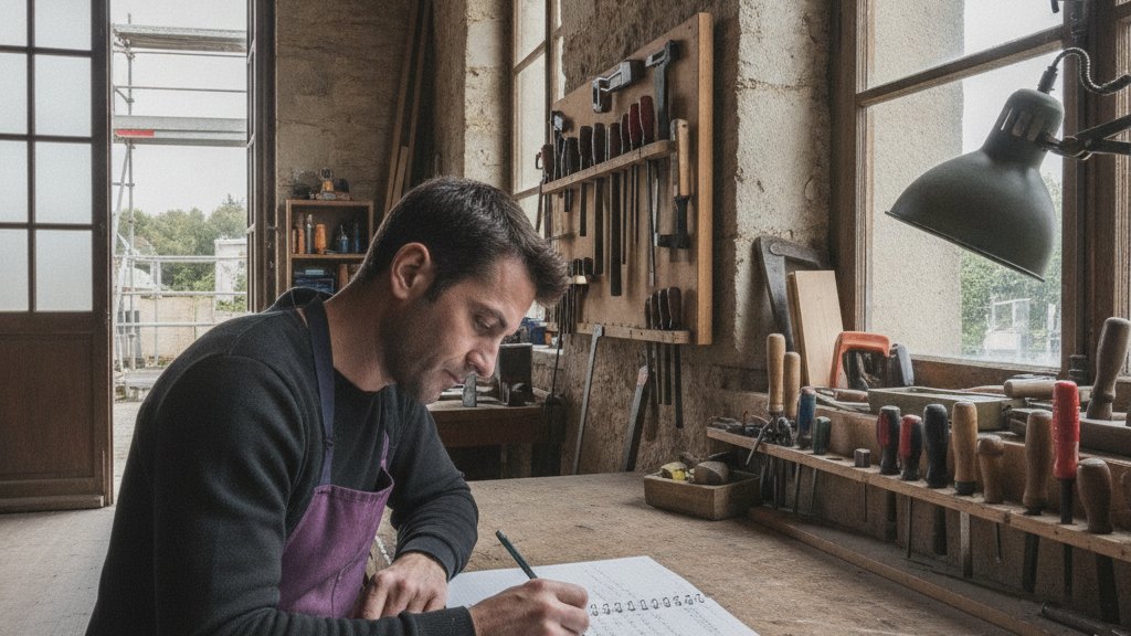 Un artisan calcule ses coûts sur un carnet posé sur son établi